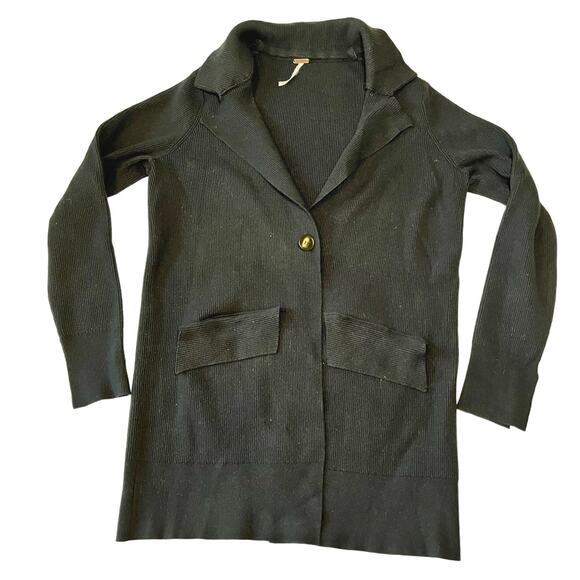 Free People Womens Cardigan Blazer Coatigan Black Ribbed Knit Size Small Viscose - Picture 1 of 10